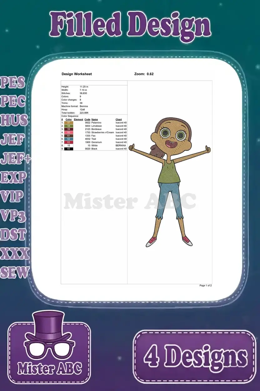 Design worksheet for Sid Chang, detailing stitch count, color changes, and thread information for embroidery.