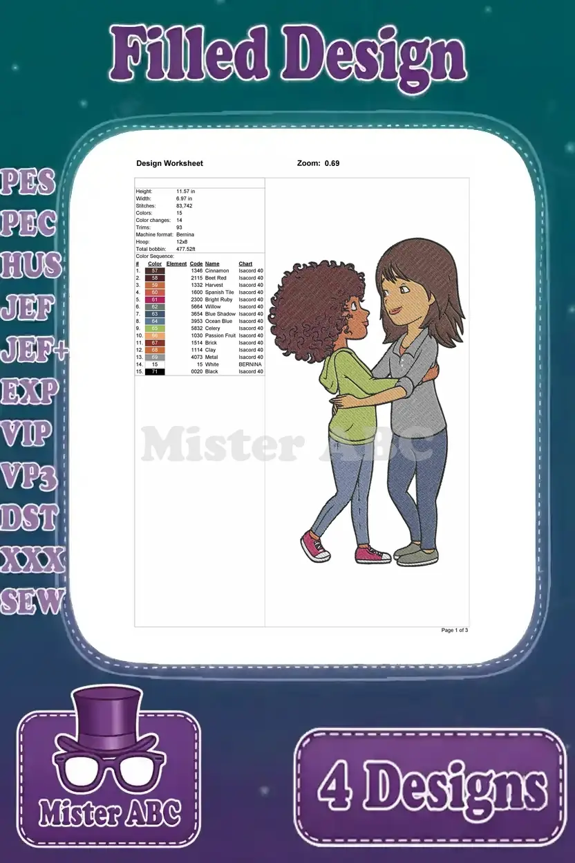 Design worksheet for the two hugging friends design, detailing stitch count, color changes, and thread information.