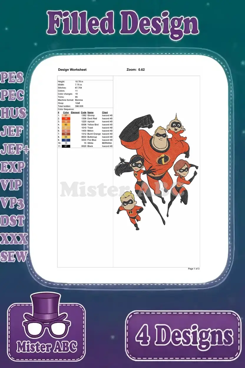 Detailed design worksheet for The Incredibles family embroidery, showing dimensions, stitch count, and thread colors.