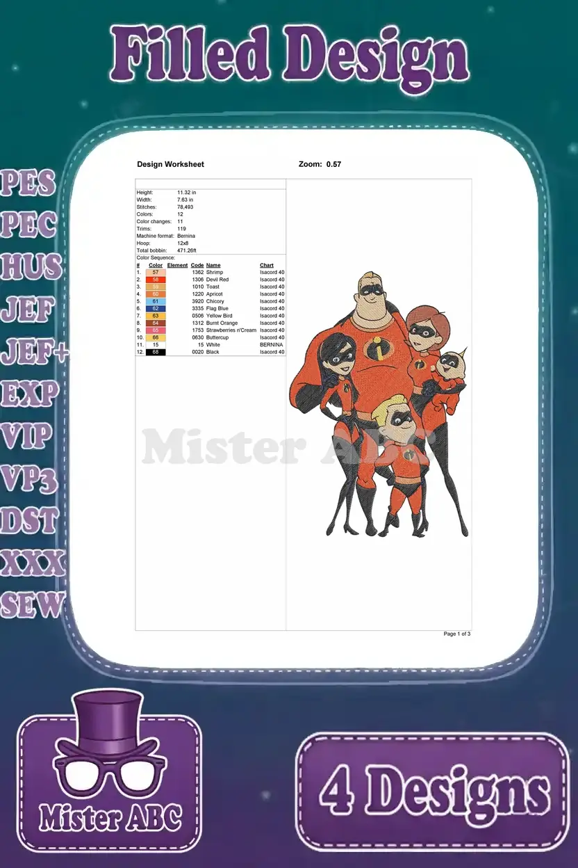 Detailed design worksheet for the second Incredibles family embroidery, showing dimensions, stitch count, and thread colors.