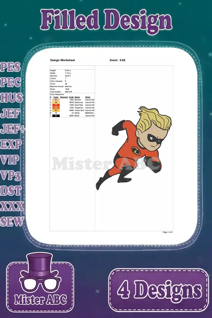 Design worksheet for the Dash running pose embroidery, showing dimensions, stitch count, and thread colors.