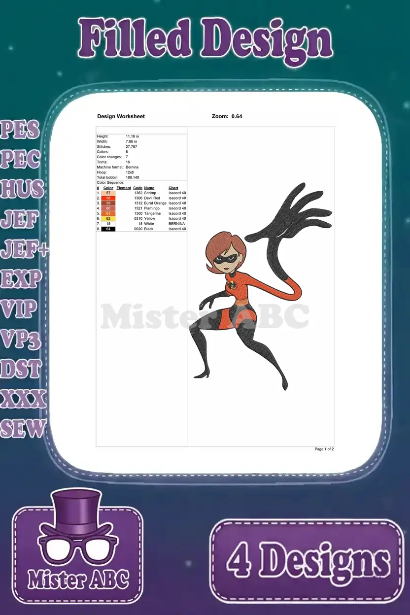 Elastigirl digital embroidery design worksheet, showing stitch count, color sequence, and dimensions.