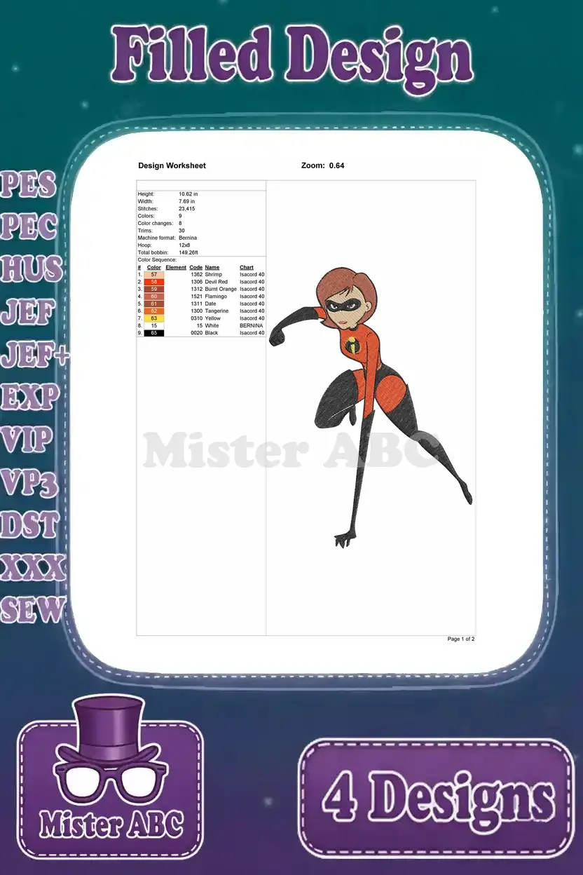 Elastigirl crouching pose embroidery design worksheet, detailing stitches, colors, and dimensions.