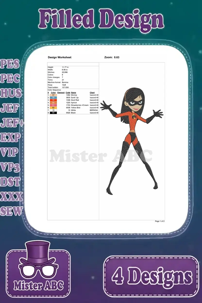 Elastigirl arms outstretched pose embroidery design worksheet, detailing essential stitch information.