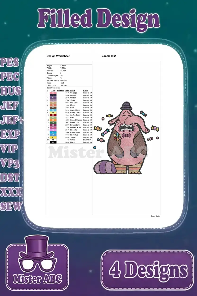 Design worksheet for the 'Bing Bong Happy' embroidery, detailing dimensions, stitch count, and thread color sequence.