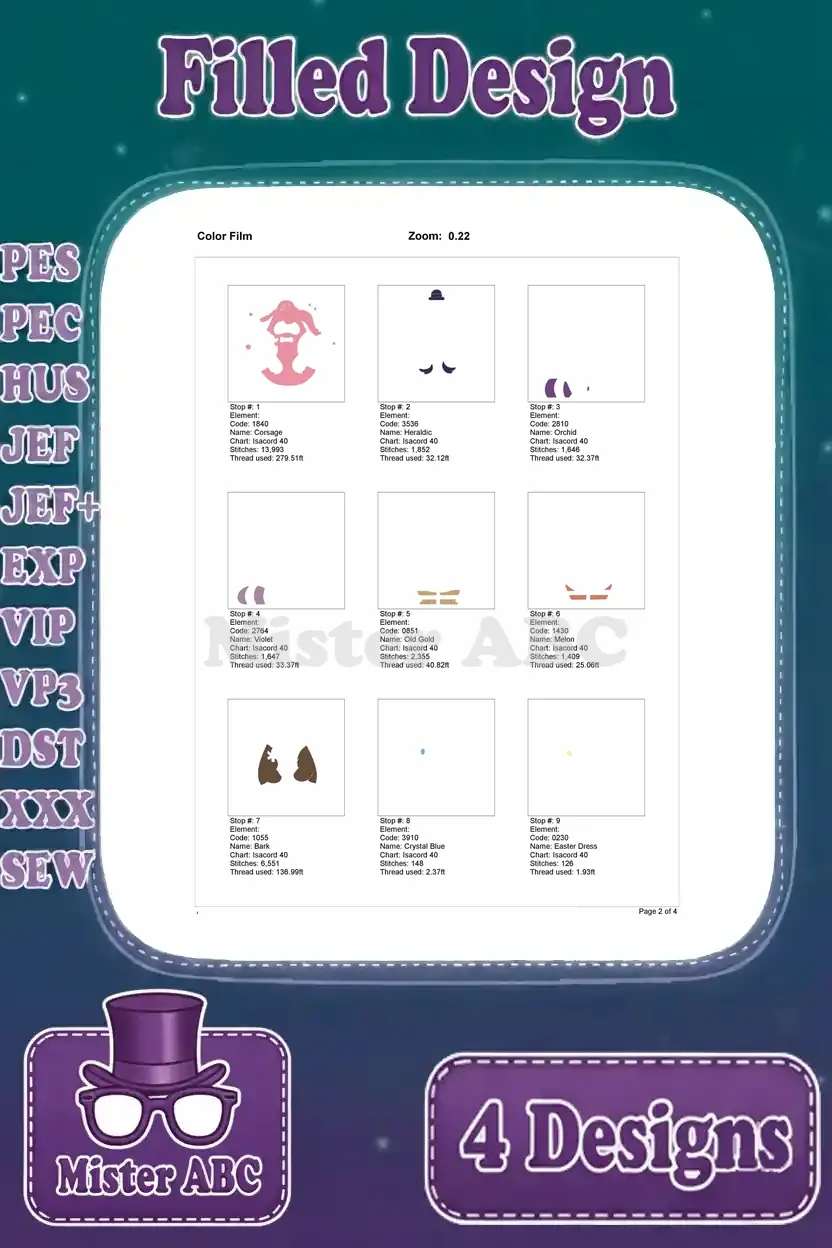 Color film page 1 for the 'Bing Bong Happy' embroidery design, showing the initial color applications and stitch progression.