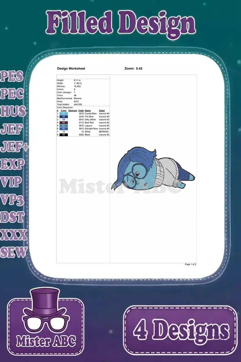 Detailed design worksheet for the first Sadness embroidery, showing dimensions, stitch count, and thread color sequence.