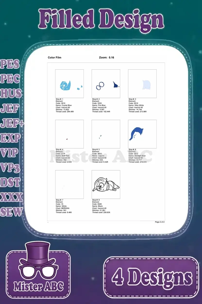 Color film breakdown for the first Sadness embroidery design, illustrating the stitching sequence layer by layer.