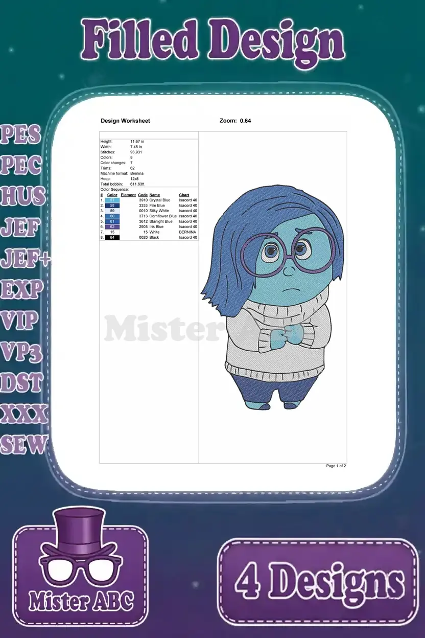 Comprehensive design worksheet for the second Sadness embroidery design, detailing dimensions and color palette.