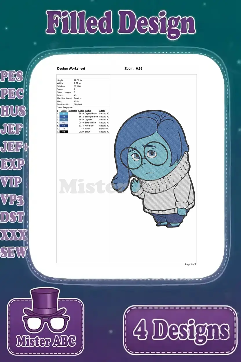 Detailed design worksheet for the third Sadness embroidery, showing dimensions, thread colors, and stitch count.