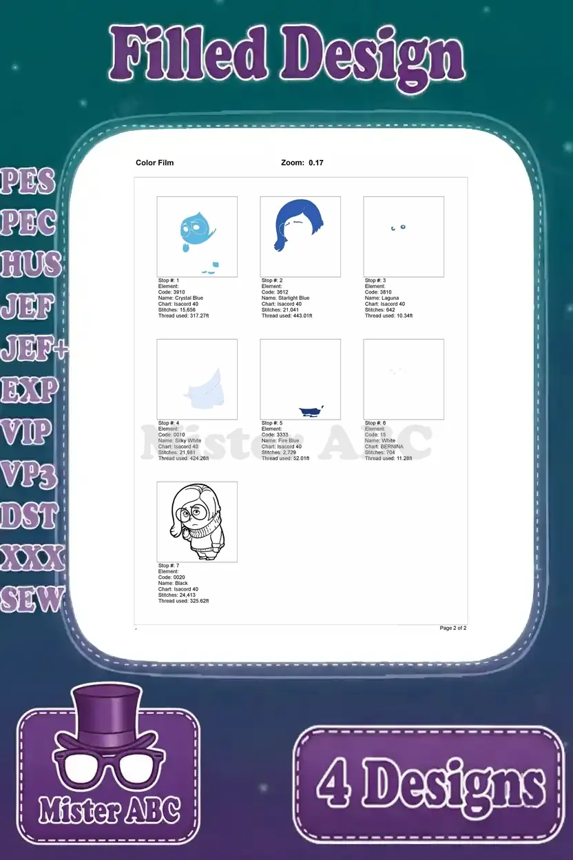 Color film breakdown for the third Sadness embroidery design, visually guiding through the stitching order.