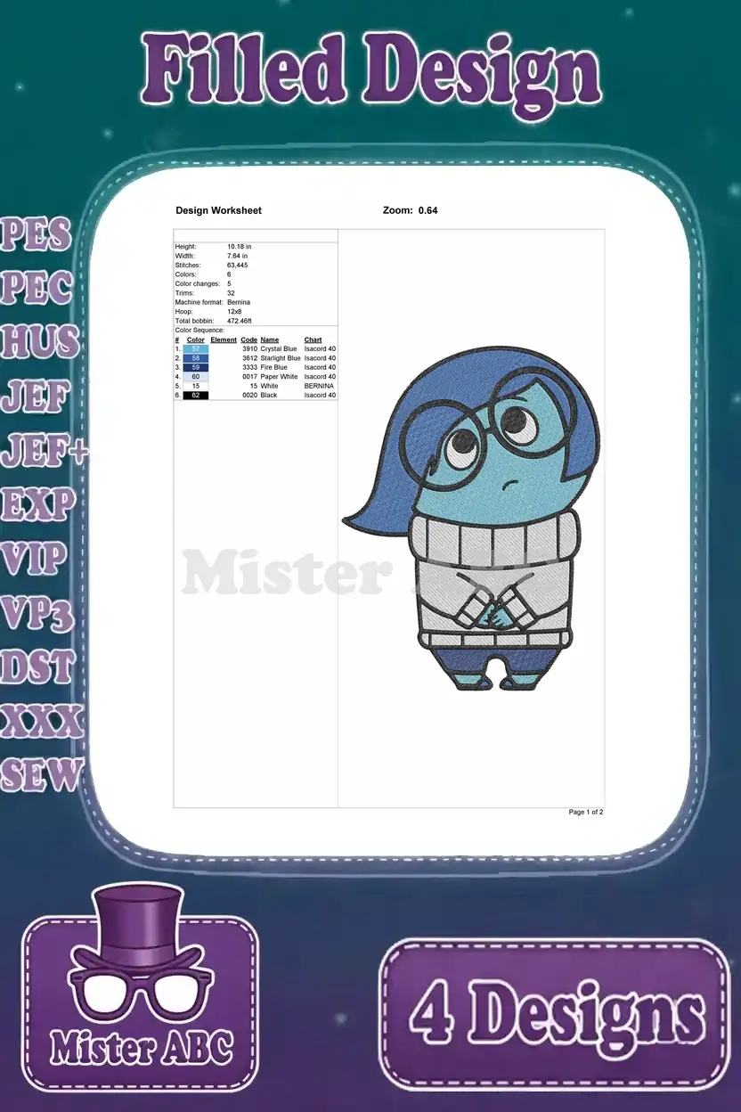 Comprehensive design worksheet for the fourth Sadness embroidery, detailing dimensions, stitch count, and colors.