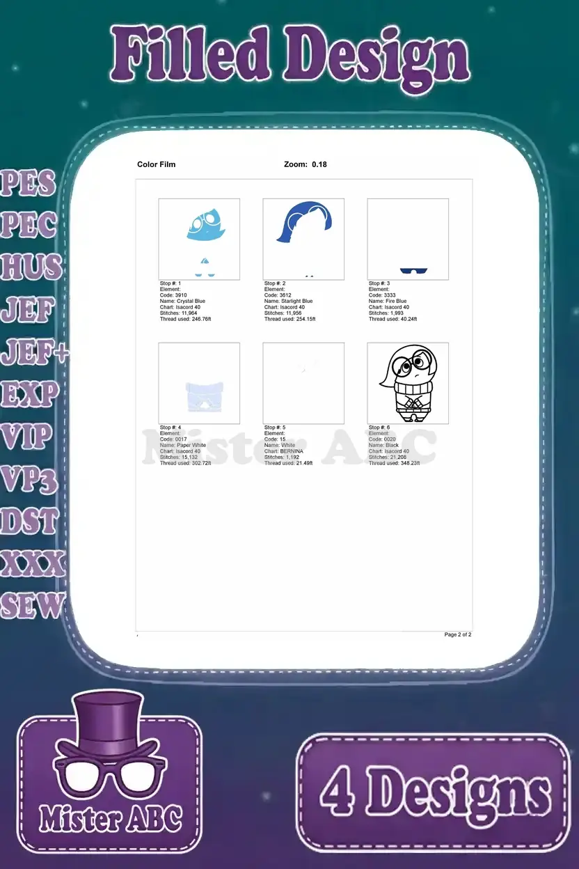 Color film sequence for the fourth Sadness embroidery, breaking down the design into individual stitch steps.