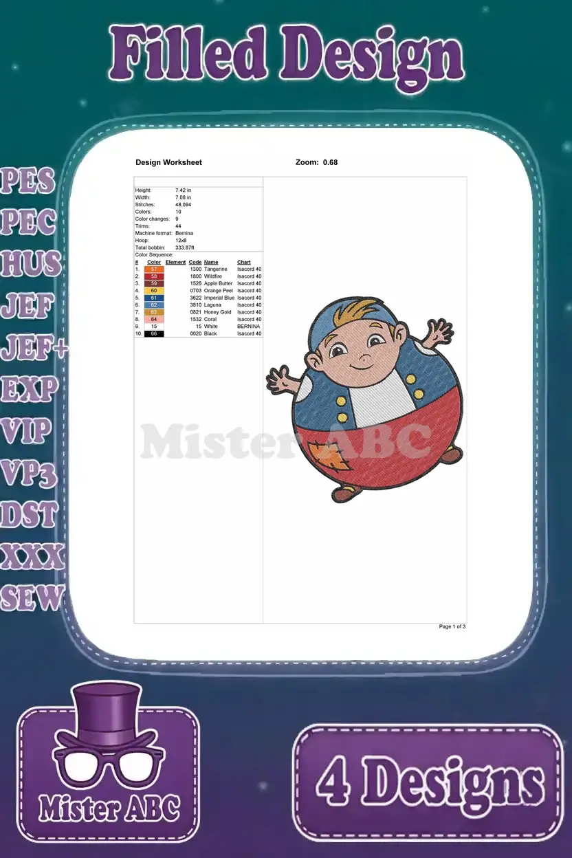 Detailed design worksheet for the Cubby filled embroidery design, showing dimensions, stitch count, and colors.