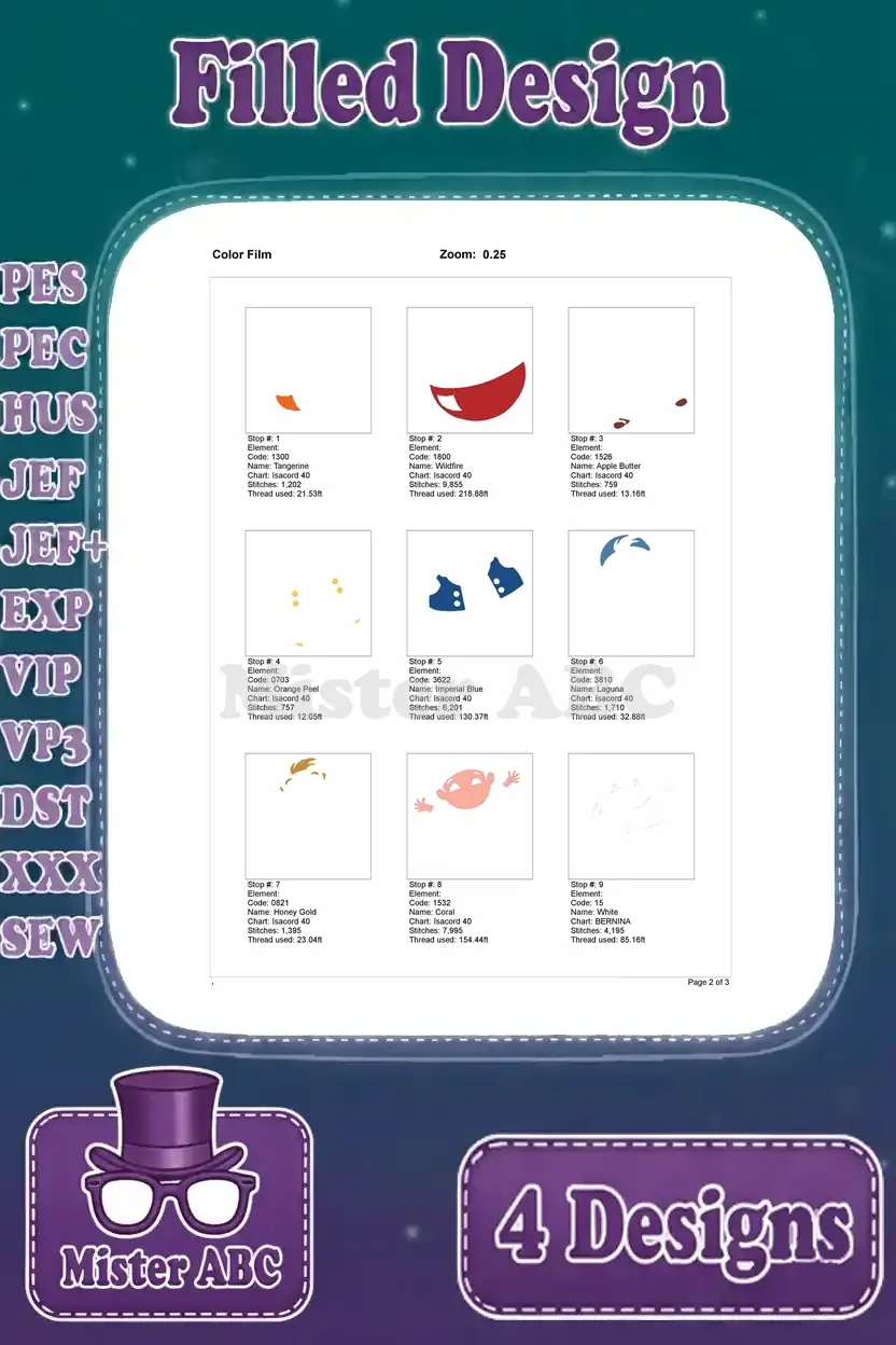 Page 2 of the color film breakdown for the Cubby filled embroidery design, showing individual stitch stops.