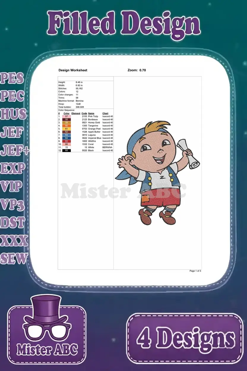Design worksheet for Jake holding a scroll filled embroidery, detailing size, stitches, and color information.