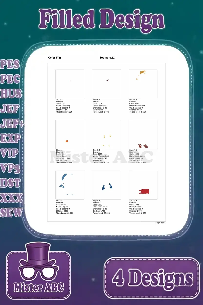 Page 2 of the color film for Jake with scroll filled embroidery, breaking down the initial stitch phases.