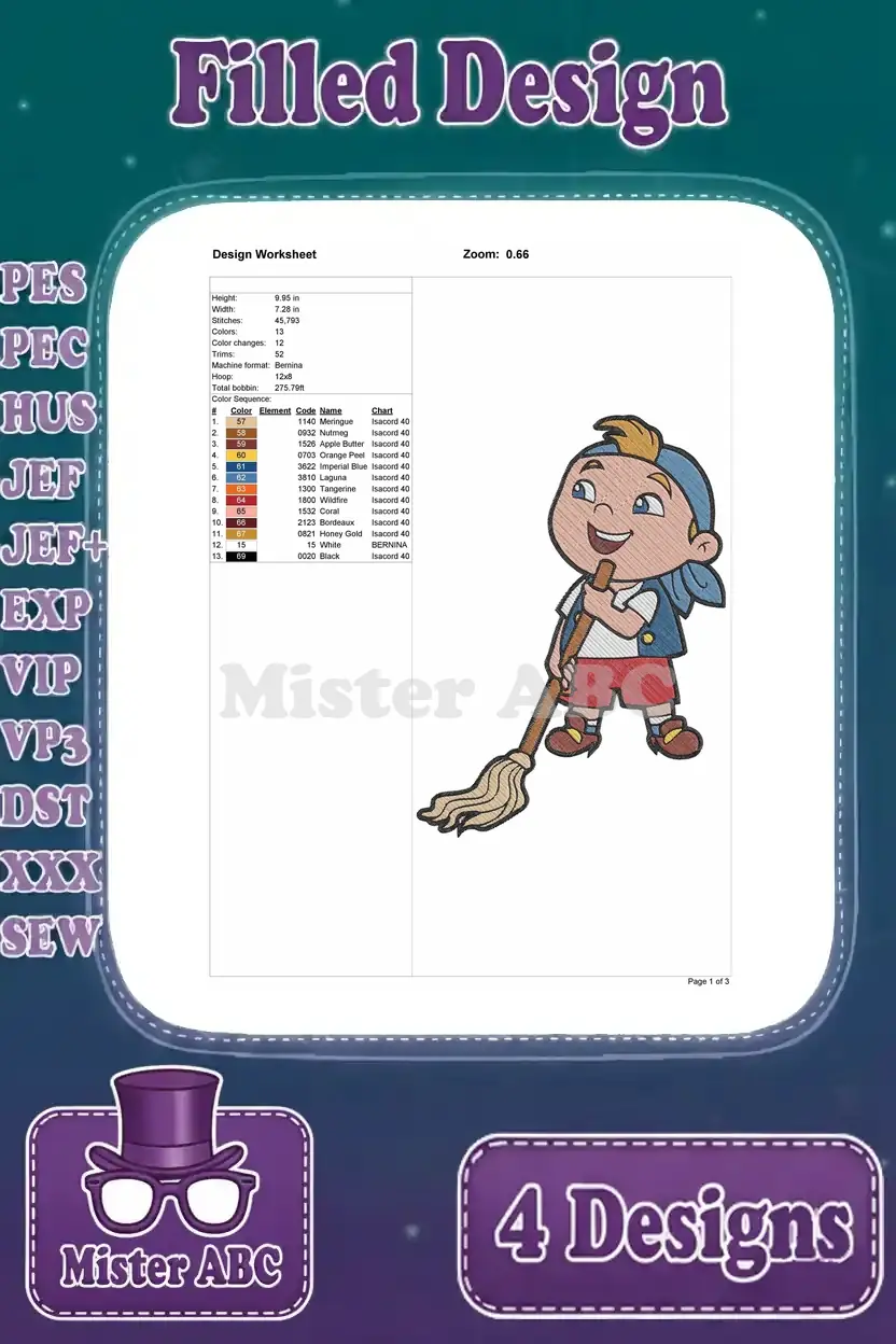 Design worksheet for Jake holding a broom filled embroidery, outlining dimensions, stitch count, and colors.