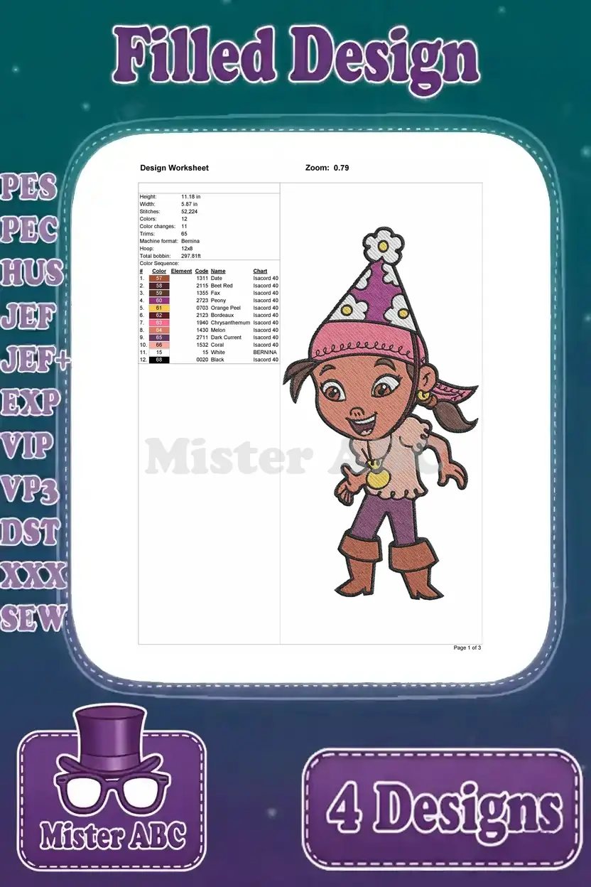 Design worksheet for Izzy with a party hat filled embroidery, detailing dimensions, stitches, and colors.