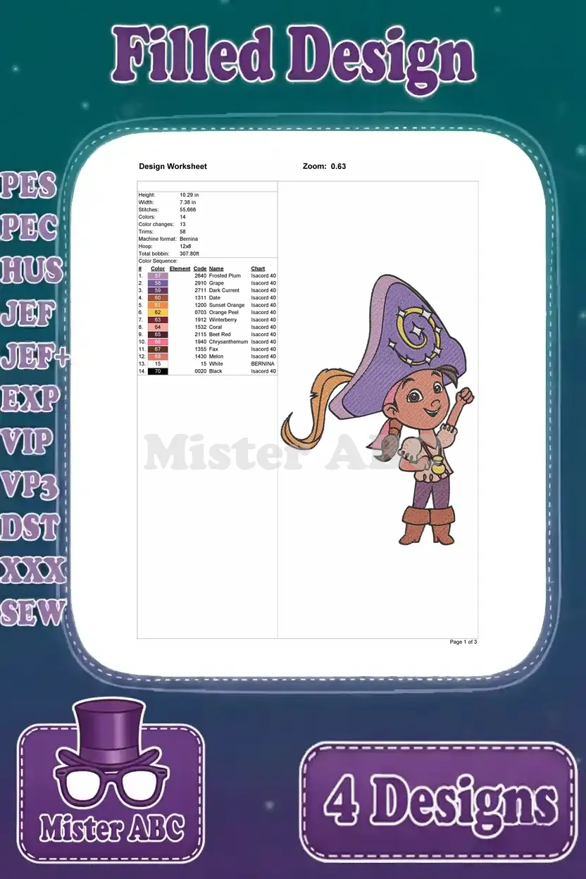Detailed design worksheet for the second Izzy embroidery, featuring her with a pirate hat, showing specs.