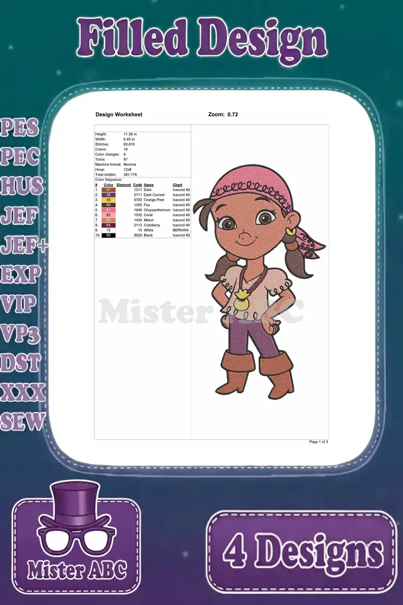 Detailed design worksheet for the third Izzy embroidery, displaying stitch count, color sequence, and dimensions.