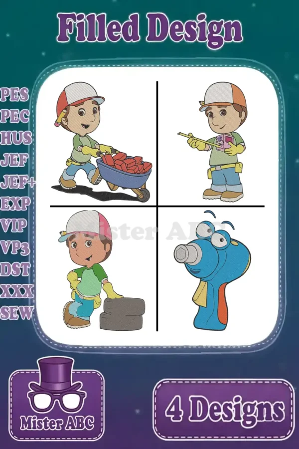 A vibrant collection of four Handy Manny embroidery designs, showcasing the character in various construction poses and featuring a talking tool.