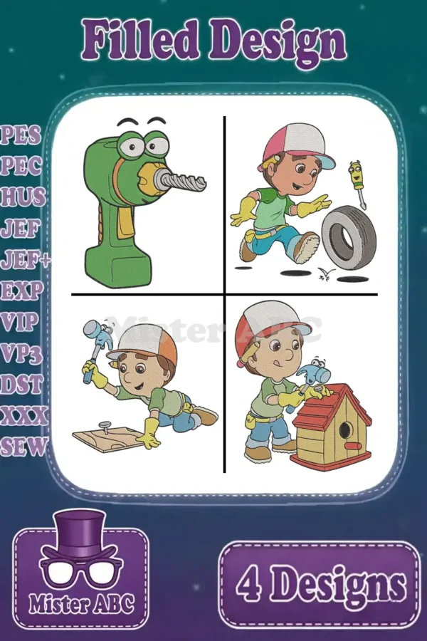A vibrant collection of four filled embroidery designs featuring Handy Manny and his trusty talking tools.