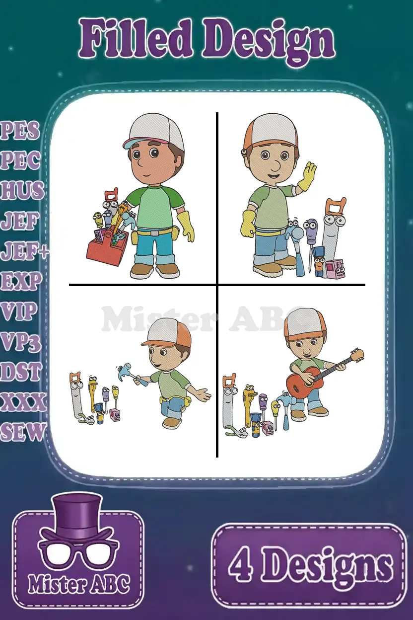 A vibrant embroidery design showcasing four distinct poses of Handy Manny and his talking tools, ready for action.