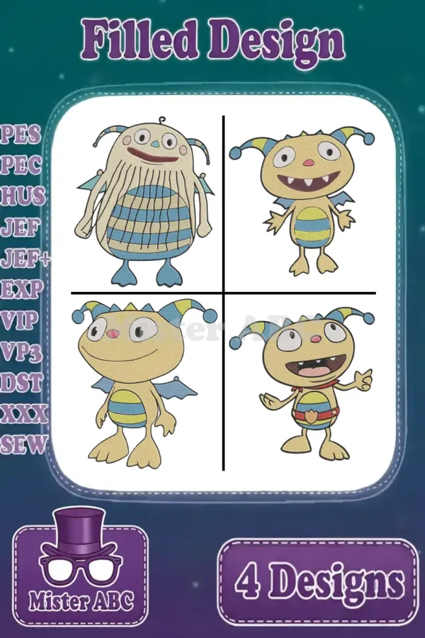 Main image displaying four vibrant filled embroidery designs of unique cartoon monsters from 'Wow! Wow! Wubbzy!'.