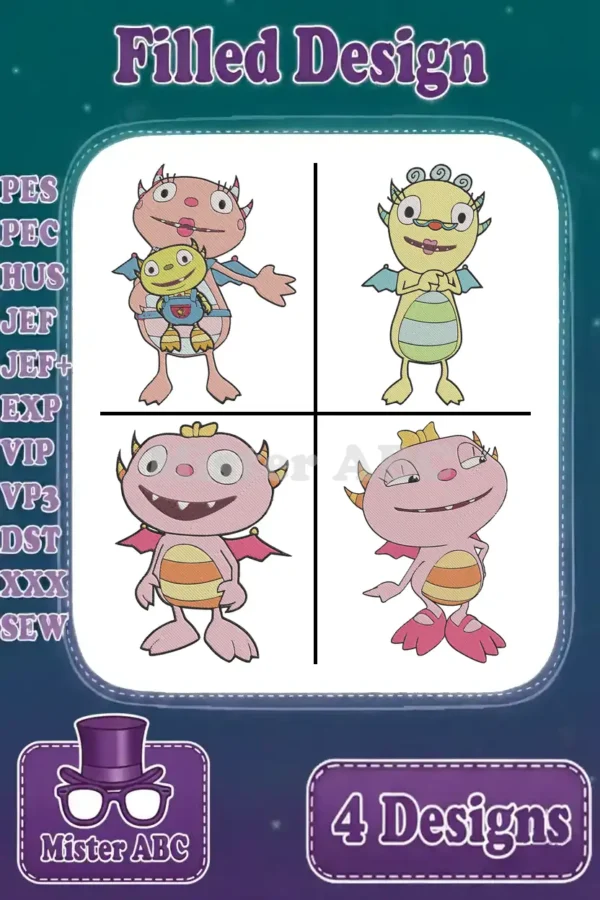 Four vibrant filled embroidery designs featuring Norville and adorable monster characters from Wallykazam, perfect for creative projects.