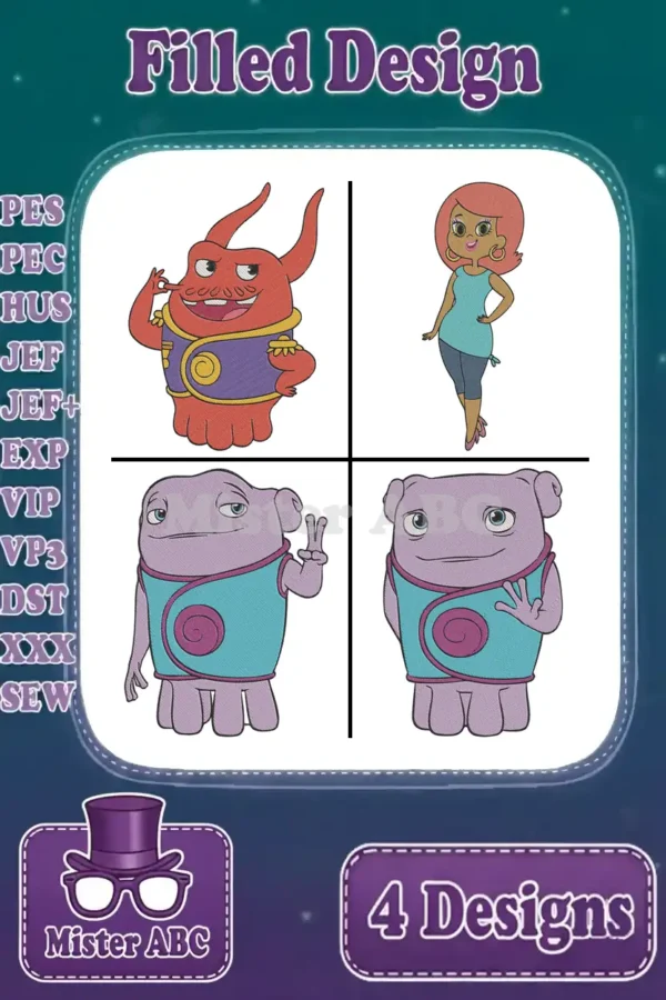 Four vibrant filled embroidery designs from DreamWorks' Home: Captain Smek, Tip Tucci, and two poses of Oh the Boov alien.