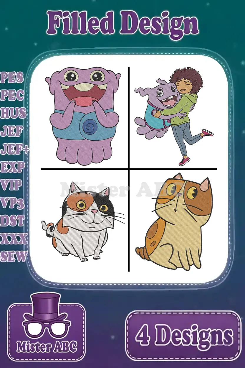 Four vibrant filled embroidery designs: Oh, Tip hugging Oh, a calico cat, and an orange tabby cat. Includes file formats.