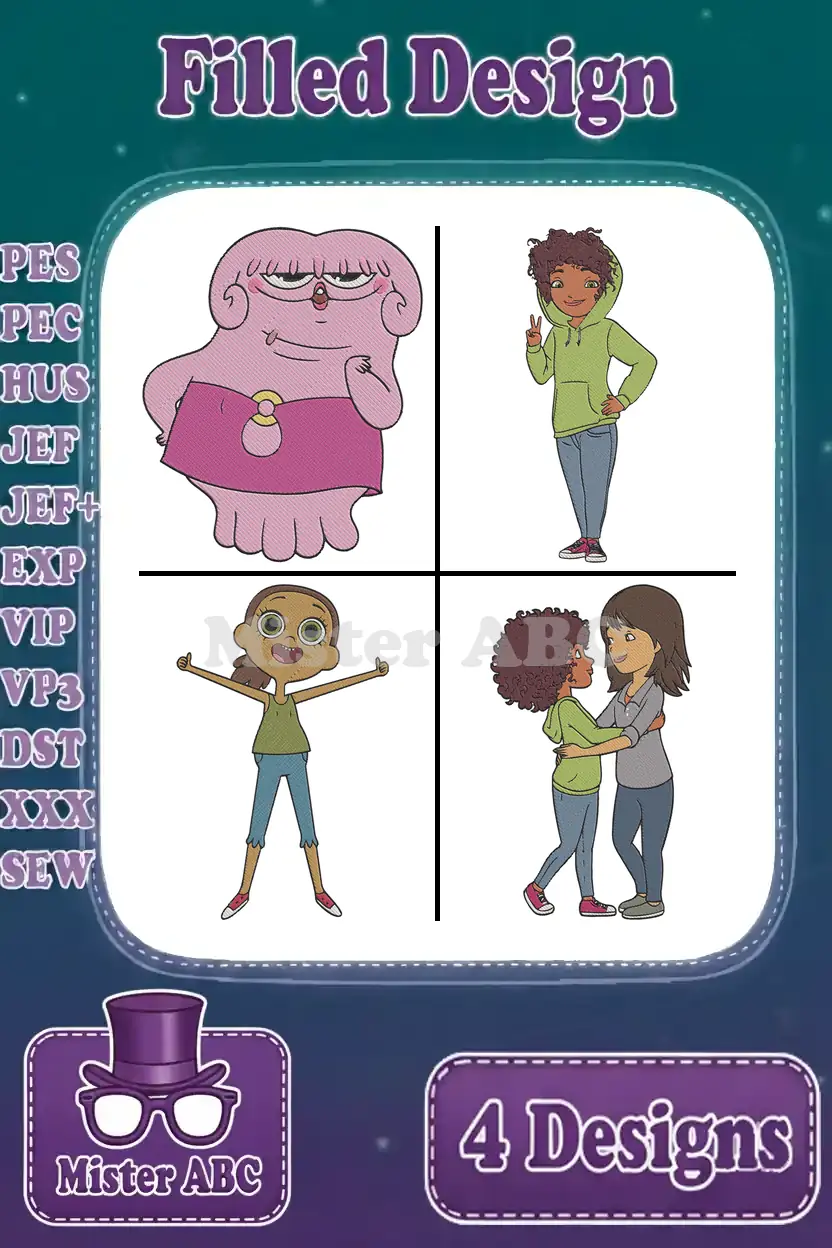 Main product image displaying a bundle of four filled embroidery designs, including Pinky, Ronnie Anne, Sid, and two friends.