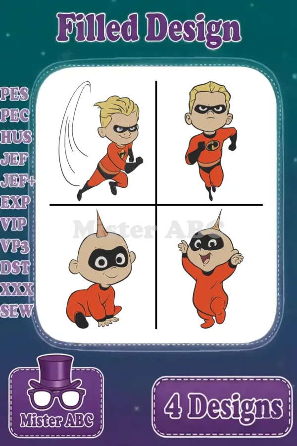 Four vibrant filled embroidery designs featuring Dash and Jack-Jack from The Incredibles, perfect for fans.