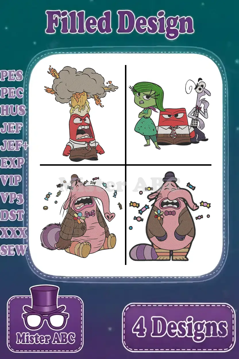 Main image displaying four vibrant filled embroidery designs of 'Inside Out' characters: Anger, Disgust with Fear, and two versions of Bing Bong.