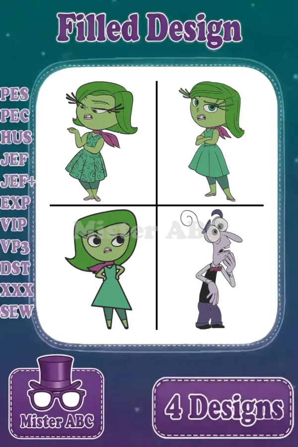 Four vibrant filled embroidery designs featuring Disgust in three poses and Fear from Disney Pixar's Inside Out.