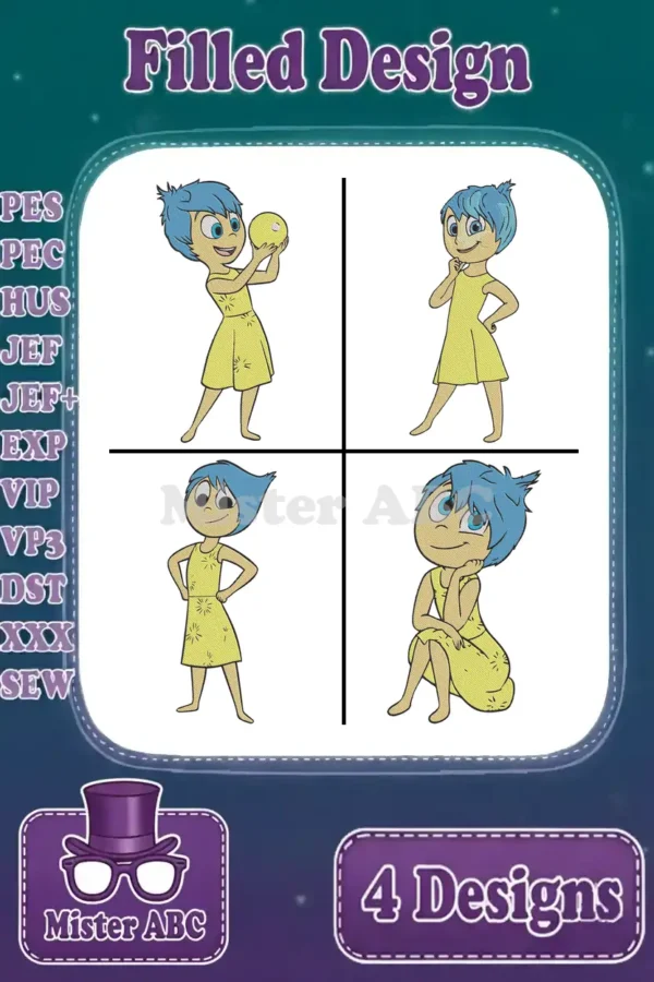 A vibrant overview of four unique Joy from Inside Out filled embroidery designs, showcasing various playful poses.
