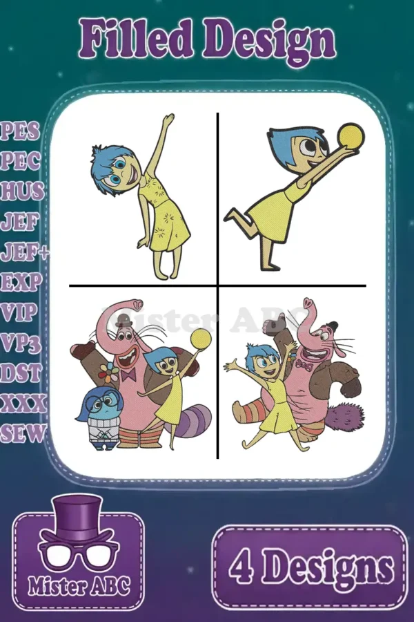 A vibrant collage showcasing four filled embroidery designs of Joy, Bing Bong, and Sadness from Inside Out.