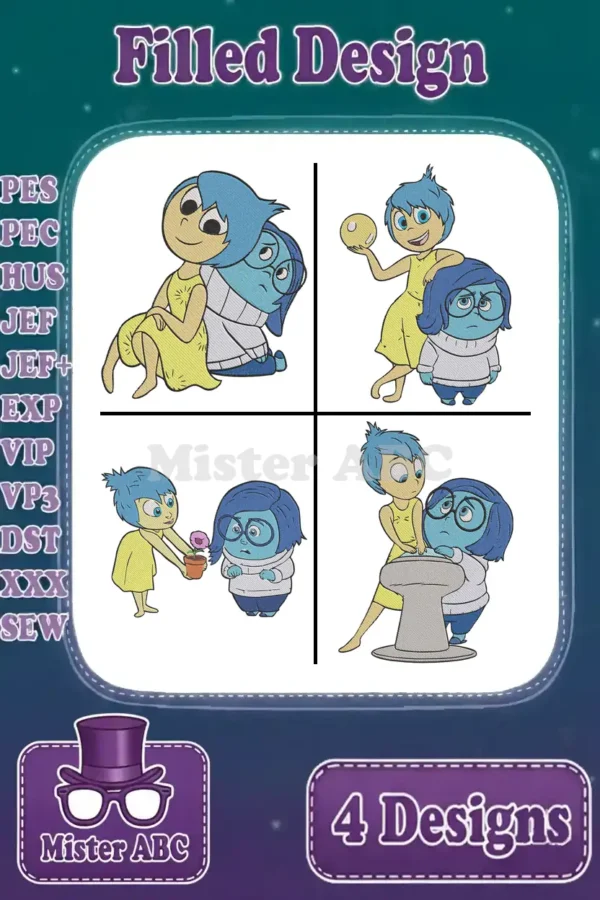 Four distinct filled embroidery designs featuring Joy and Sadness from Disney's Inside Out, showcasing their bond across various poses.
