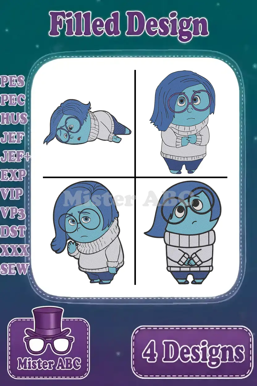 A collage of four unique Sadness embroidery designs from Inside Out, showcasing various poses and supported file types.