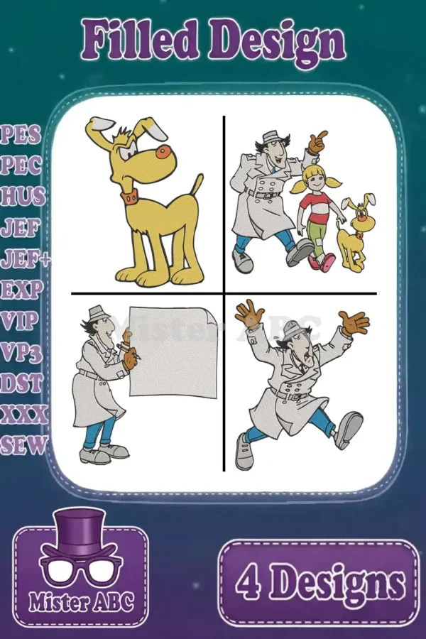 A vibrant collection of four Inspector Gadget filled embroidery designs featuring Gadget, Penny, and Brain in various poses.