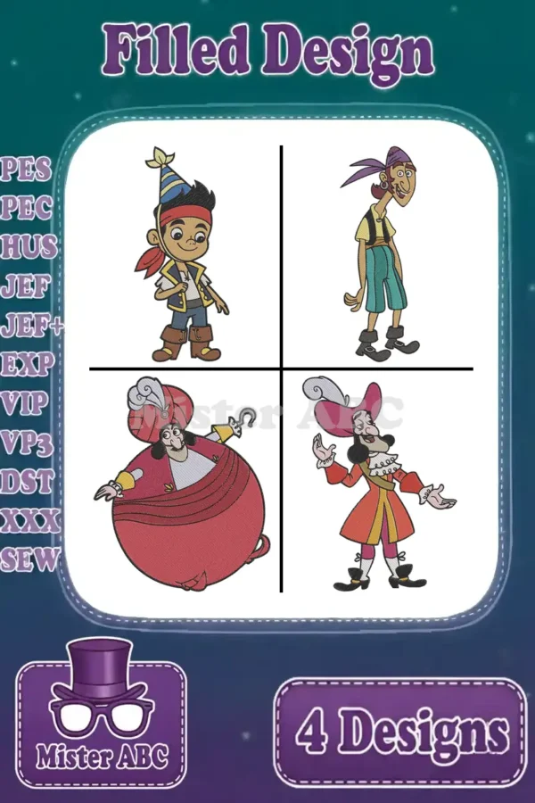 A vibrant collage showcasing four filled embroidery designs: Jake, Mr. Smee, Izzy, and Captain Hook, ready for stitching.