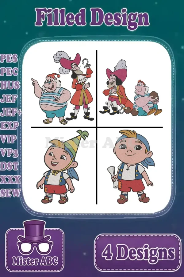 A vibrant main image featuring four filled embroidery designs of Captain Hook, Mr. Smee, Jake, and Cubby, showcasing the bundle.
