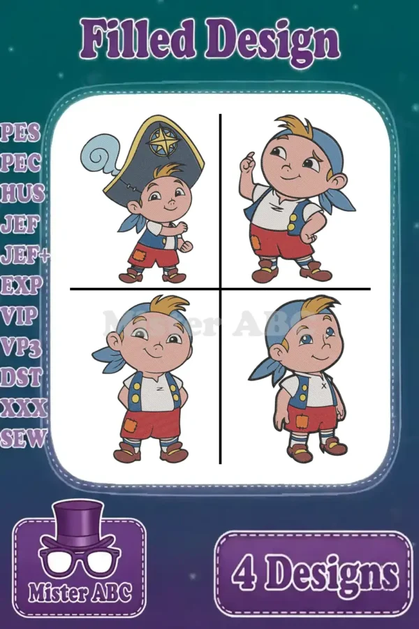 Four vibrant filled embroidery designs featuring Jake from Never Land Pirates, showcasing different playful poses and expressions.