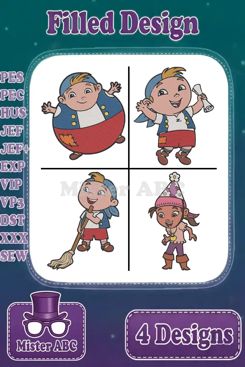 A vibrant collection of four filled embroidery designs featuring Jake, Izzy, and Cubby from Never Land Pirates.