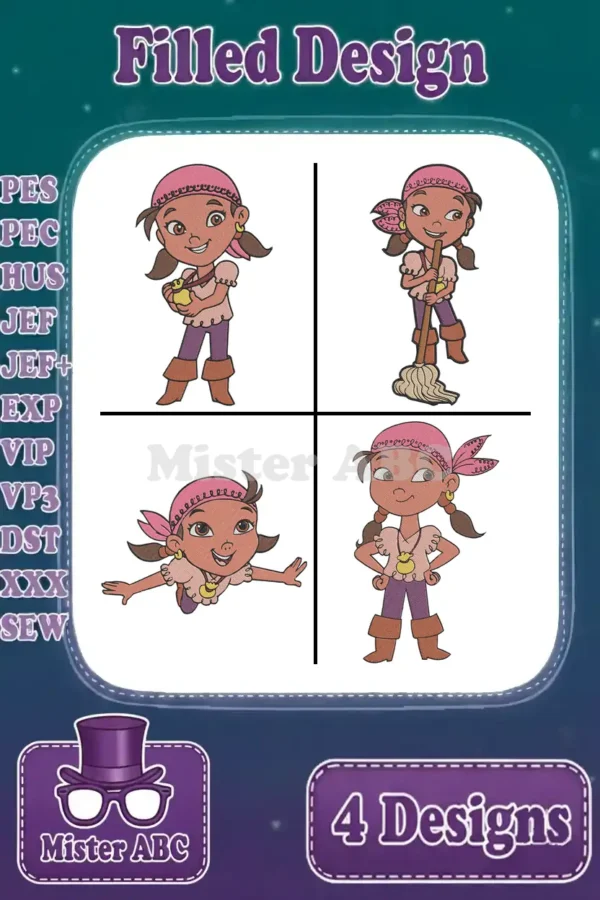 Four vibrant Izzy pirate girl embroidery designs shown together, highlighting versatile poses and filled stitch detail.