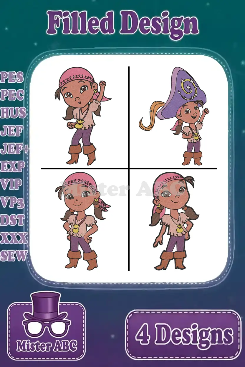 A vibrant bundle of four Izzy (Jake and the Neverland Pirates) filled embroidery designs, showcasing different poses and a pirate hat.