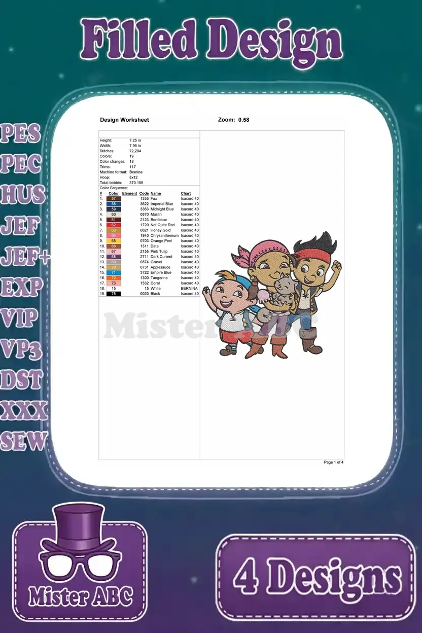Design worksheet for the first Jake and the Never Land Pirates embroidery, showing stitch count, dimensions, and color chart.