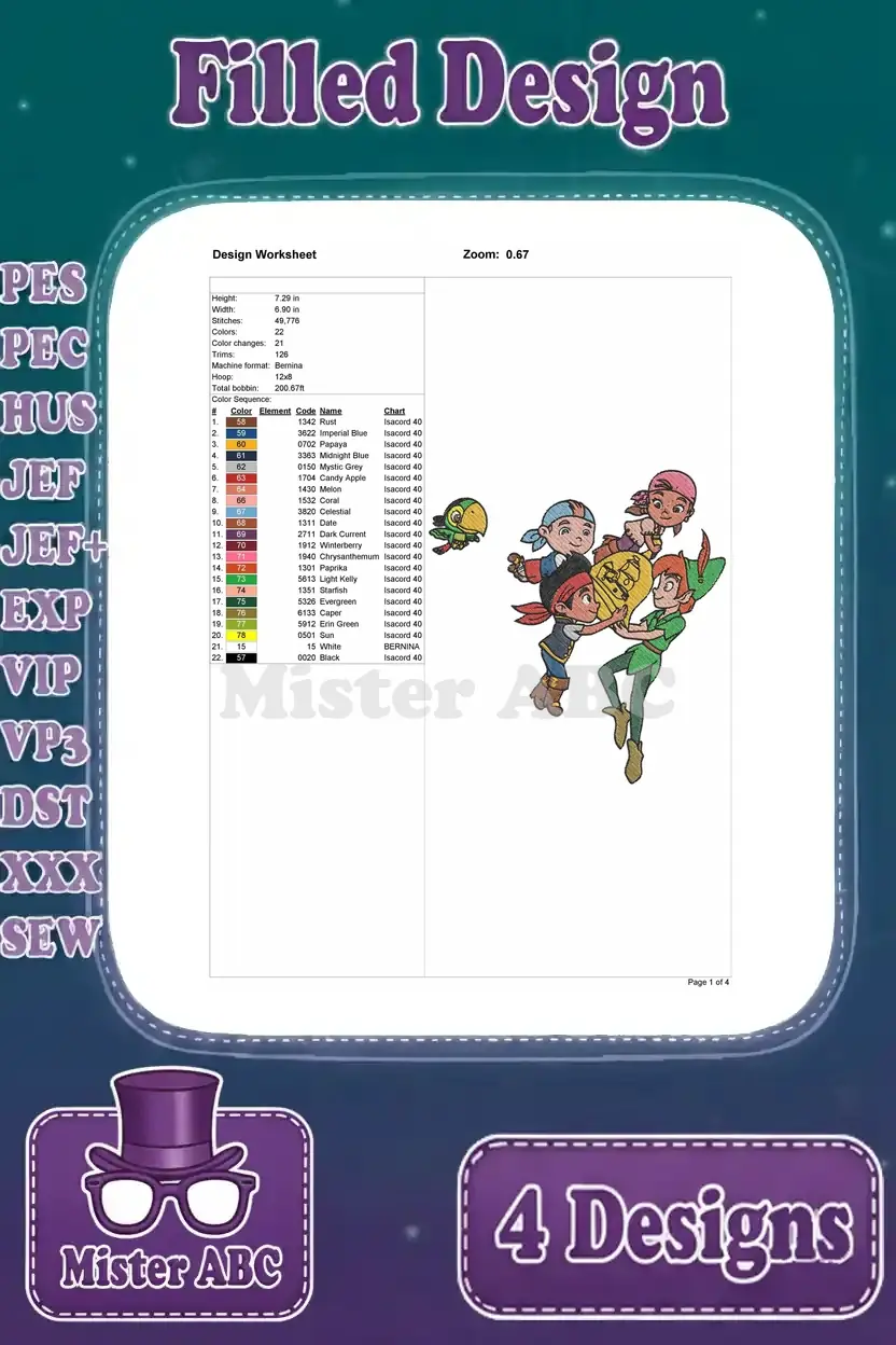 Design worksheet for the second Jake and Peter Pan embroidery, showing stitch count, dimensions, and color chart.