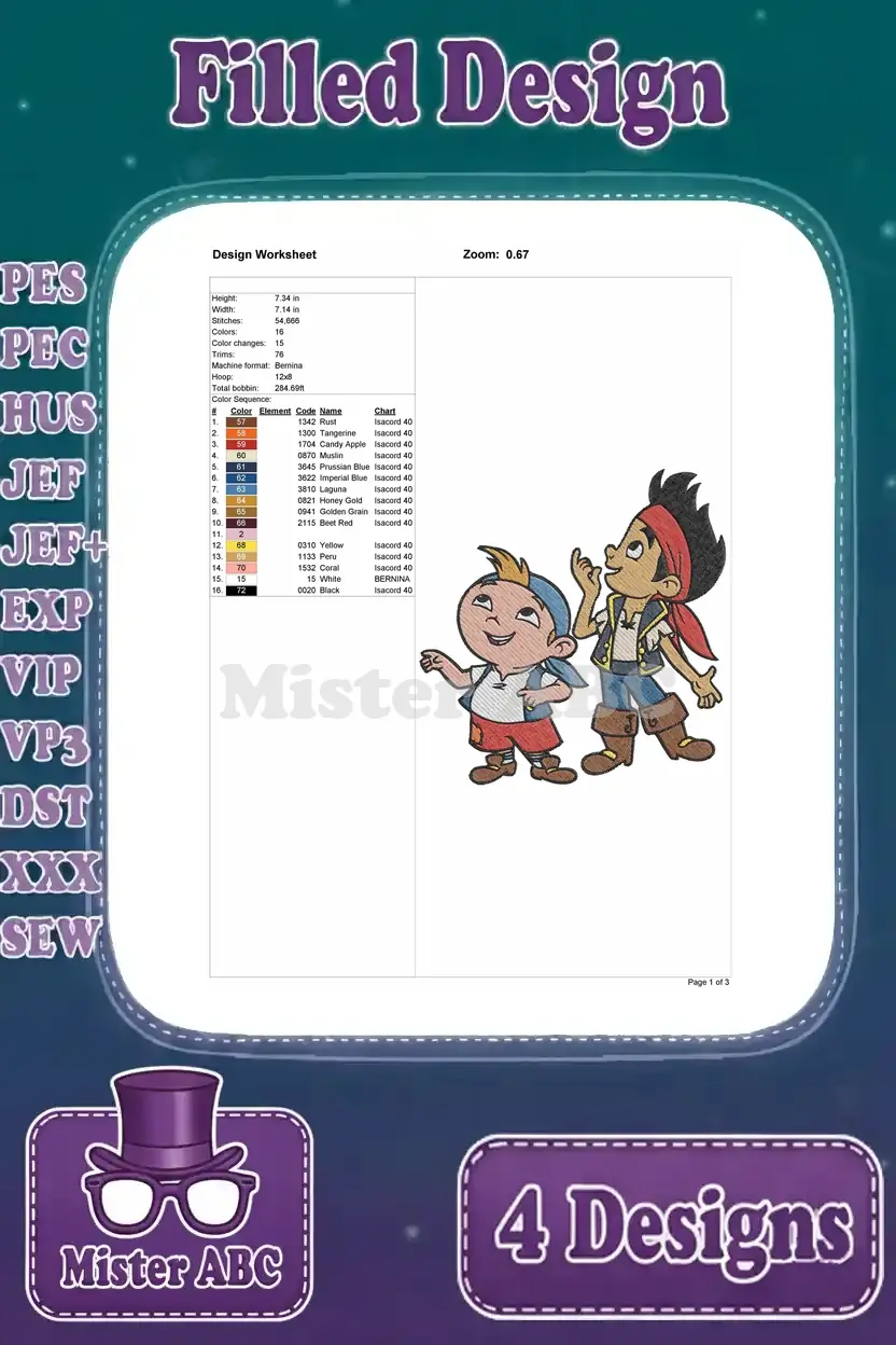 Design worksheet for the third Jake and Cubby embroidery, showing stitch count, dimensions, and color chart.